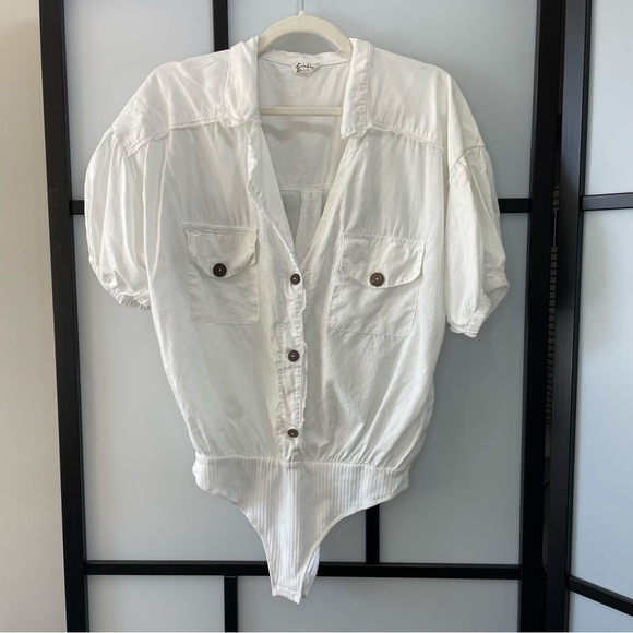 [m] Free People Boho White Brown Button Cotton Linen Blend Body Suit Women’s - Picture 1 of 13